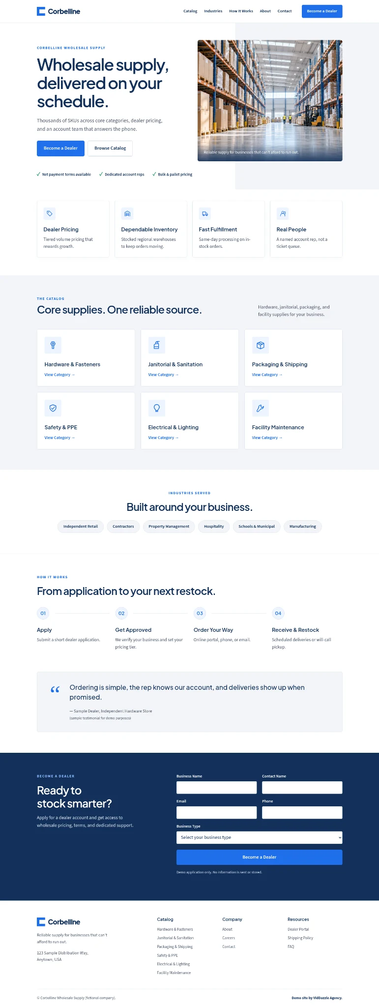 Full-page concept site for Corbelline Wholesale Supply, a fictional business