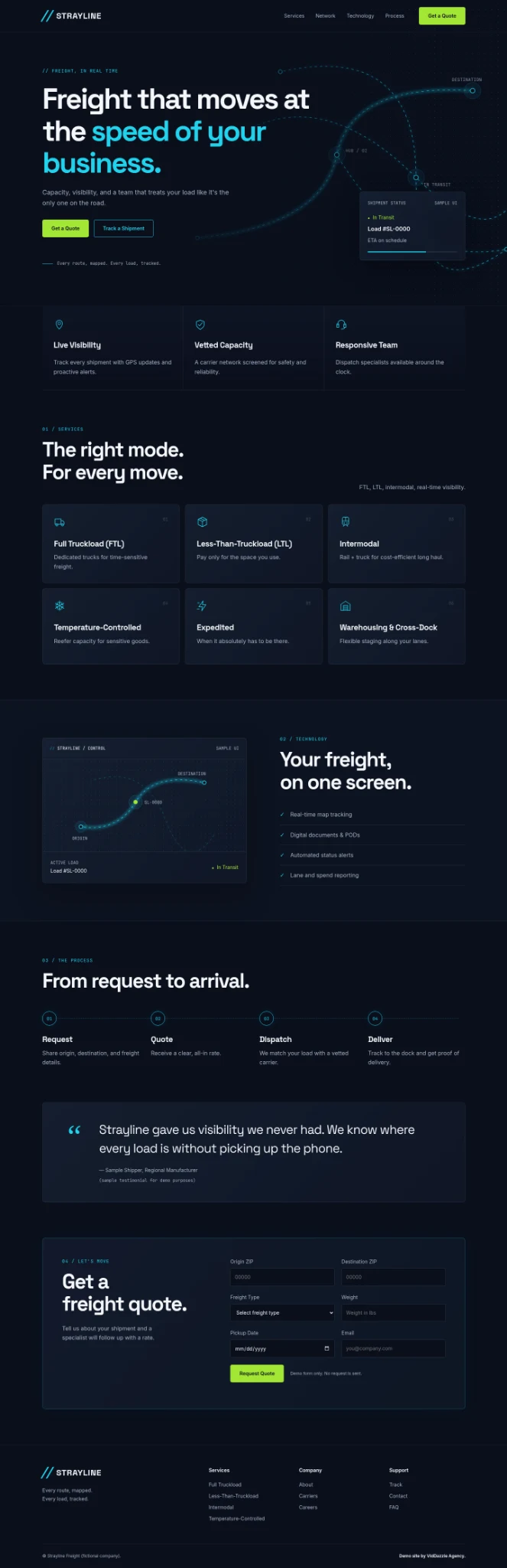 Full-page concept site for Strayline Freight, a fictional business
